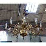 A LARGE 'DUTCH' BRASS CHANDELIER, with ten scrolled branches