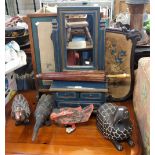 A BLUE PAINTED DRESSING MIRROR, wooden birds, a fire screen and similar items