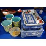 TWO ORIENTAL BLUE AND WHITE BONSAI DISHES, three Chinese pots, a Chinese dish an