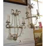 A PAIR OF FLORENTINE WALL LIGHTS with silver painted decoration and cut glass dr