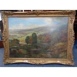 ENGLISH SCHOOL, EARLY 20TH CENTURY, HILLY LANDSCAPE WITH WINDING RIVER, oil on c