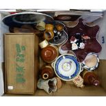 AN ORIENTAL WOODEN BOX, a wavy edge glass dish and sundries