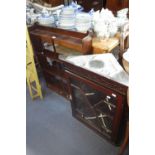 A GEORGE III STYLE MAHOGANY HANGING PLATE RACK fitted two drawers and a mahogany