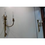 A SET OF FOUR BRASS WALL LIGHTS with ribbon decoration, 38cm high