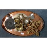 A NEWLYN COPPER (STAMPED) OVAL TRAY and a collection of metalware