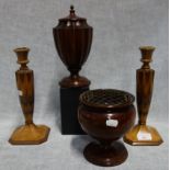 AN EDWARDIAN LAMINATED MAHOGANY TURNED AND FLUTED URN, a similar rose bowl and a pair of