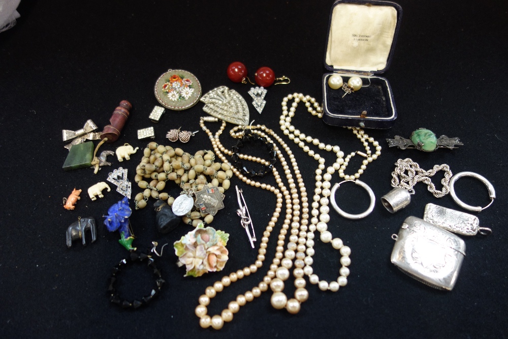 A COLLECTION OF COSTUME JEWELLERY including silver and a silver Vesta case