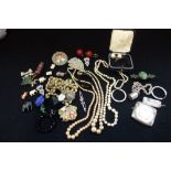A COLLECTION OF COSTUME JEWELLERY including silver and a silver Vesta case