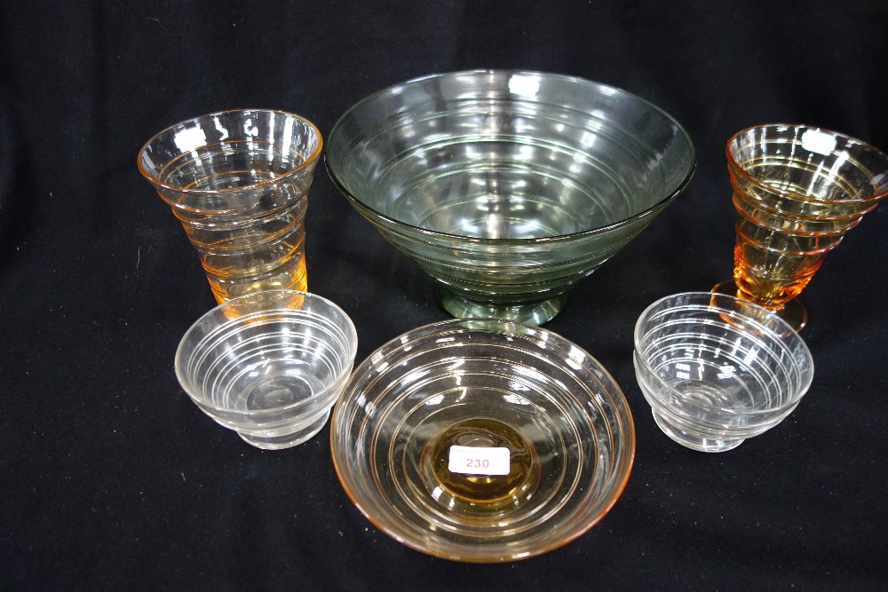 WHITEFRIARS; A COLLECTION OF GLASS VASES AND DISHES with a spiral design (6)
