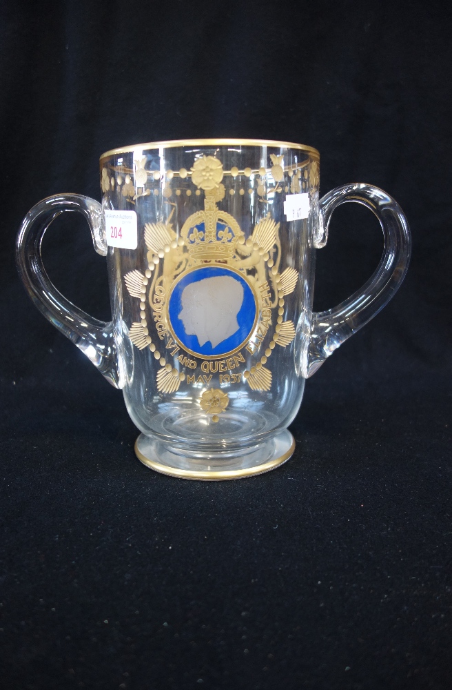 WEBB CORBETT; A LARGE ETCHED GLASS TWO HANDLED LOVING CUP, commemorating George VI and Elizabeth,