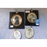 A 19TH CENTURY SILHOUETTE OF A GENTLEMAN, a printed portrait and two miniatures (4)