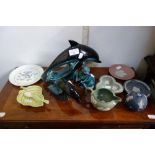A CARLTONWARE AUSTRALIAN DESIGN LEAF DISH with matching spoon, Poole Pottery dolphins, an otter
