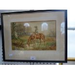 SOLDIER IN 17TH CENTURY DRESS ON HORSEBACK, watercolour, indistinctly signed
