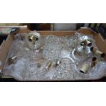 A PAIR OF REGENCY STYLE HEAVY CUT-GLASS TWO BRANCH ELECTRIC WALL SCONCES the drip pans with