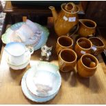 A 1960S HOLKHAM POTTERY COFFEE SET, a Royal Albert 'Rainbow' part tea set and a Goebel cat ornament