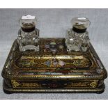 A VICTORIAN PAPIER MACHE, MOTHER-OF-PEARL AND PAINTED AND GILT INK STAND with glass inkwells, 29cm