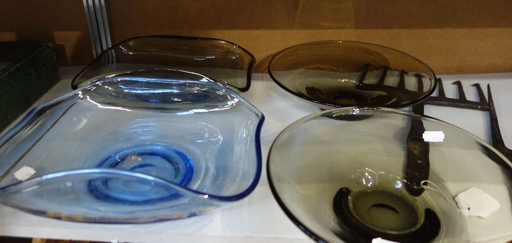 WHITEFRIARS; A PAIR OF SMOKED GLASS SHALLOW BOWLS and two similar of squared off form (4)