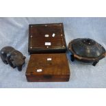 A 19TH CENTURY ROSEWOOD WORKBOX, a 'La Duse Habana' cigar box, an African bowl and cover and a