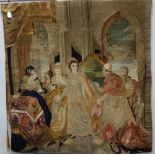 A LARGE 19TH CENTURY WOOLWORK PANEL depicting a Queen before a Cardinal, 120cm x 130cm