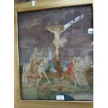 AN EARLY 19TH CENTURY WOOLWORK AND WATERCOLOUR PICTURE of the crucifixion with Longinus