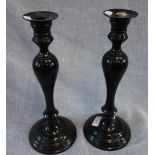 A PAIR OF 18TH CENTURY STYLE BRONZED METAL CANDLESTICKS of inverted baluster form, 36cm high