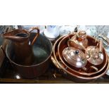 A LARGE VICTORIAN COPPER SAUCEPAN stamped 'G.C.', a copper preserving pan, two copper kettles and