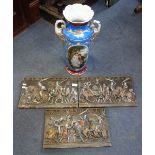 A GOTHIC STYLE CAST AND PAINTED PLASTER FRIEZE depicting the battle of Evesham, 120cm long, and a