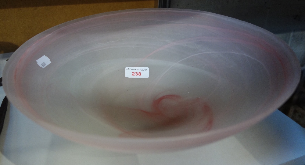 A FRENCH FROSTED GLASS BOWL with pink and white swirl decoration, 33.5cm diameter