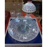 A BOHEMIAN CUT GLASS BOWL, a Bohemian white overlaid and painted table lamp and other glassware
