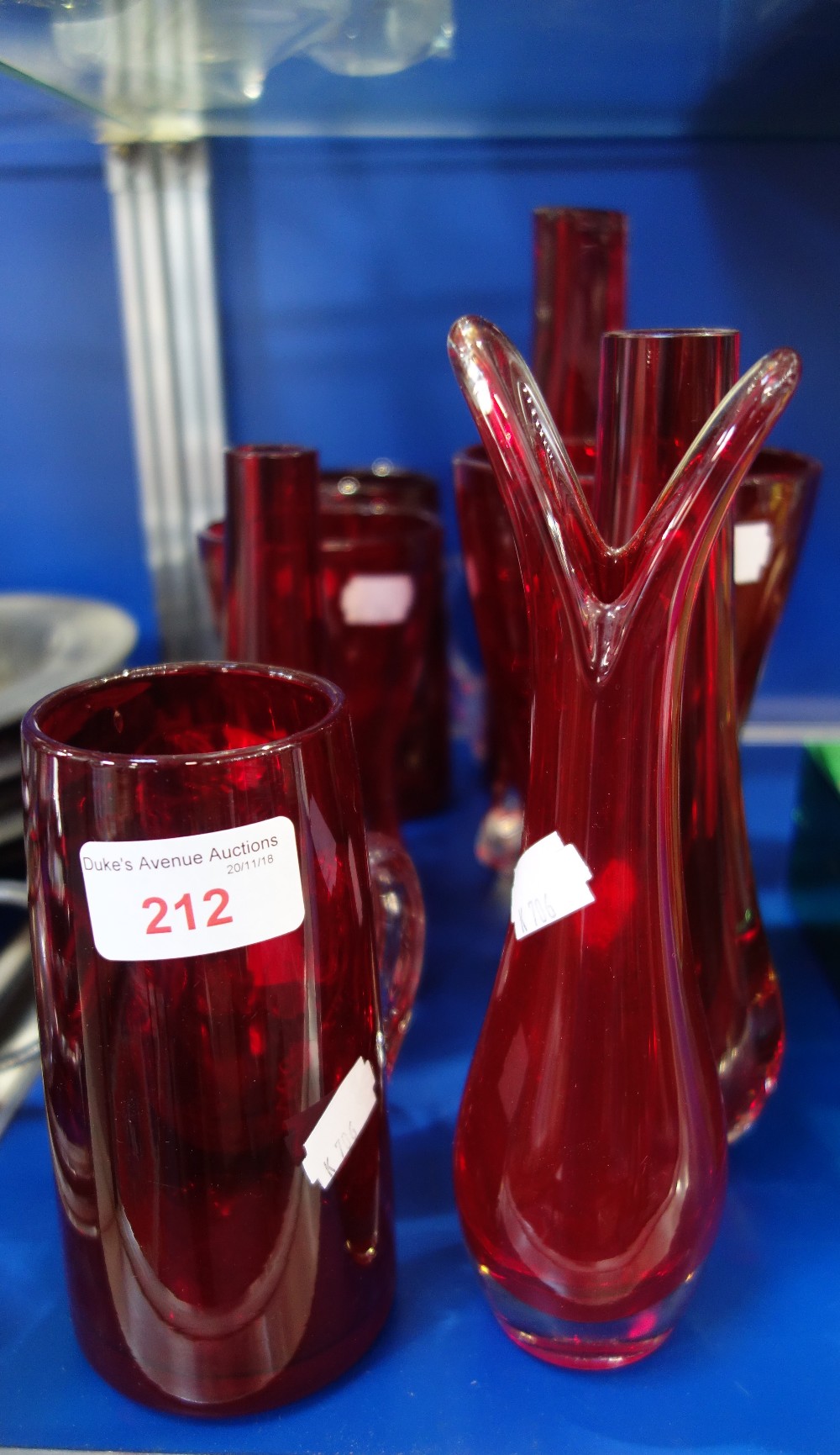 WHITEFRIARS; A COLLECTION OF RED GLASS VASES (10)