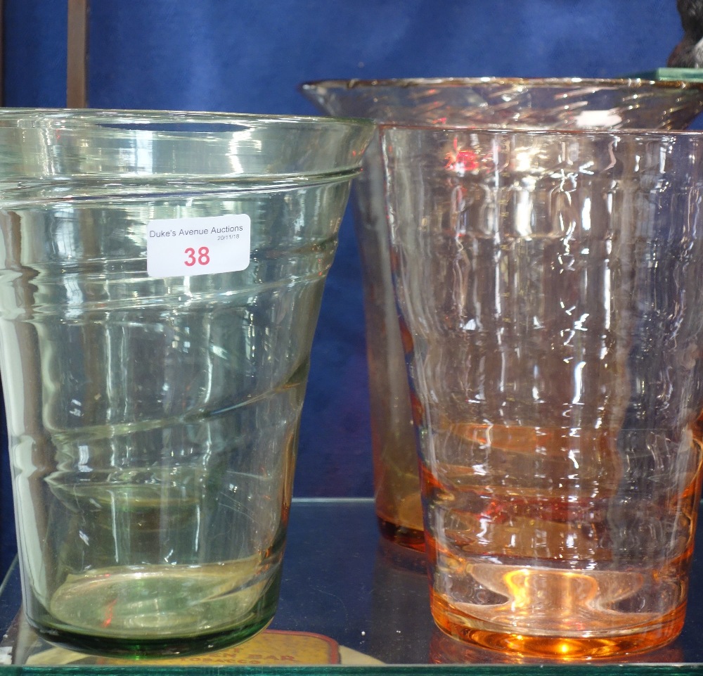 TWO GREEN WHITEFRIARS GLASS VASES and two pink glass examples