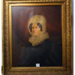 A 19TH CENTURY OIL ON CANVAS PORTRAIT of a woman wearing a white lace bonnet in an acanthus