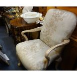 A GEORGE II STYLE ARMCHAIR on cabriole legs, painted cream two Edwardian window tables and a small