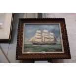 A NAIVE OIL ON CANVAS PAINTING of a British ship at full sail, in gilt frame