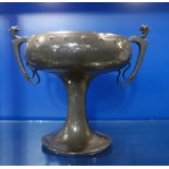 AN ART NOUVEAU HAMMERED PEWTER PEDESTAL BOWL, stamped 'W.F. Johnson Leicester no. 6555', 35cm high