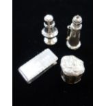 A CONTEMPORARY SILVER MONEY CLIP, a miniature silver salt, continental silver patch box and a brooch