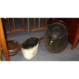 A COPPER HELMET COAL SCUTTLE, a warming pan and two tin jardinieres