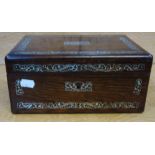 A 19TH CENTURY ROSEWOOD AND MOTHER OF PEARL INLAID WORKBOX