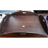 A LARGE MAHOGANY BUTLER'S TRAY with fold down sides and flush brass hinges, 77cm wide (closed)