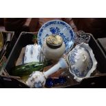 AN ORIENTAL BLUE AND WHITE CHARGER, a pot with an Arts & Crafts copper and brass lid and sundries