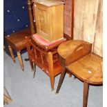 AN EDWARDIAN CHESTNUT HANGING MEDICINE CABINET, a Victorian bidet and other small furniture (as