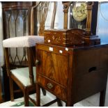 A GEORGE III MAHOGANY POT CUPBOARD, 40cm wide, two mahogany dining chairs and a reproduction