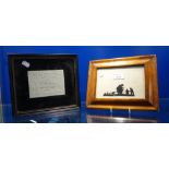 A SILHOUETTE OF THE OLD GOOSE WOMAN in a maple frame and a signed embossed 19th century card, '