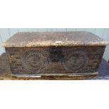 A 17TH CENTURY CHIP CARVED PINE BOX, dated 1688, 27.5cm high x 74cm wide