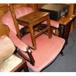 A MAHOGANY AND WALNUT NEST OF THREE TABLES, 51cm wide, an Edwardian tub chair and a child's chair