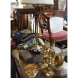 A BRASS TABLE LAMP with shade, two brass filigree perfume bottles and similar items