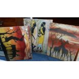 A COLLECTION OF FIVE AFRICAN BATIK PAINTINGS