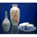 A JAPANESE MEIJI PERIOD VASE decorated with a warrior, seal mark below, a Chinese blue and white