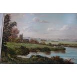 DURAN FAINE: Country scene with river and church, oil on canvas