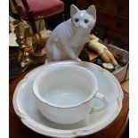 A MAPLE & CO WASH BASIN, a similar chamber pot and a large white glazed cat (3)